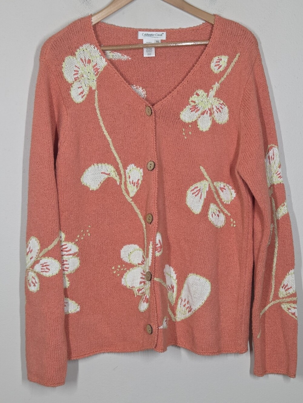 Vtg Coldwater Creek Peach Orange Floral Knit Cardigan XL Cottagecore Grannycore